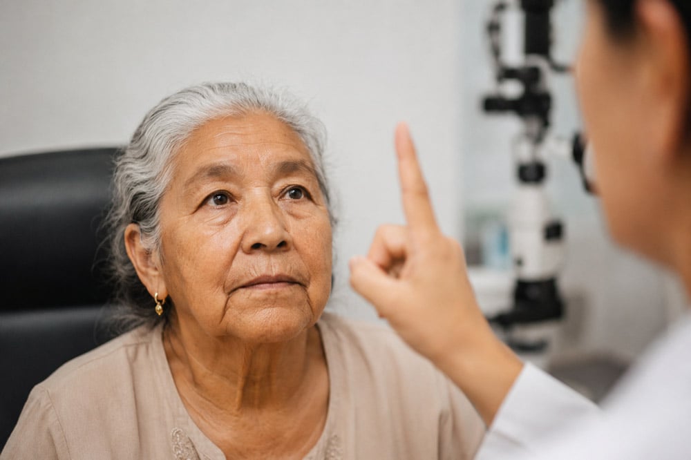 Older patient receiving retina emergency care during an eye exam with an ophthalmologist.